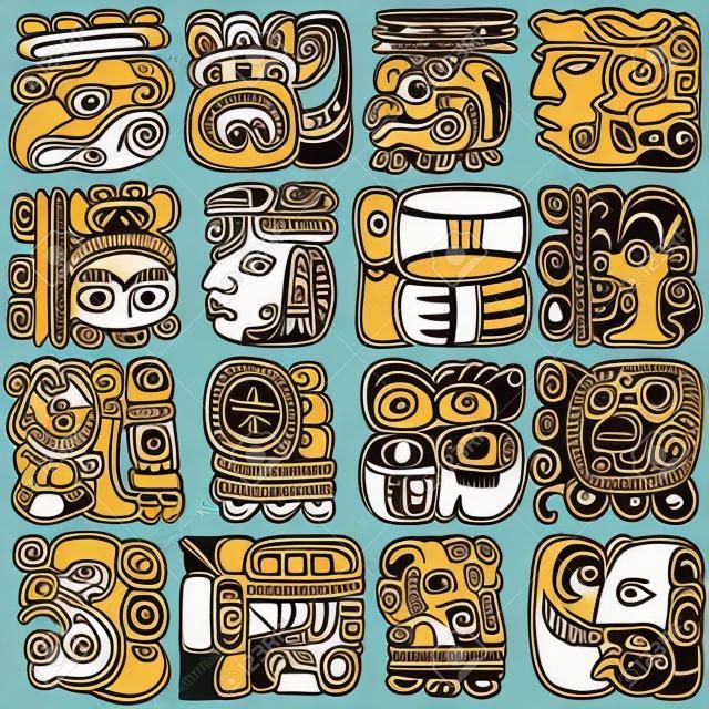 Vector set of Mayan and aztec glyphs with ancient gods and characters on white