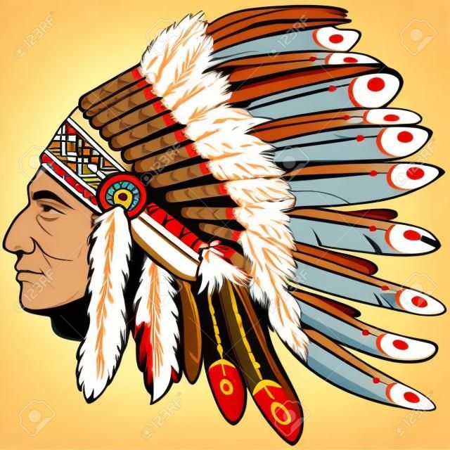 Vector of man with traditional chief headdress of American Indian. Boho style.