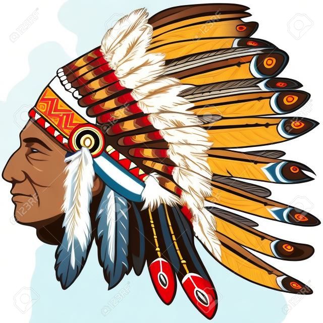 Vector of man with traditional chief headdress of American Indian. Boho style.