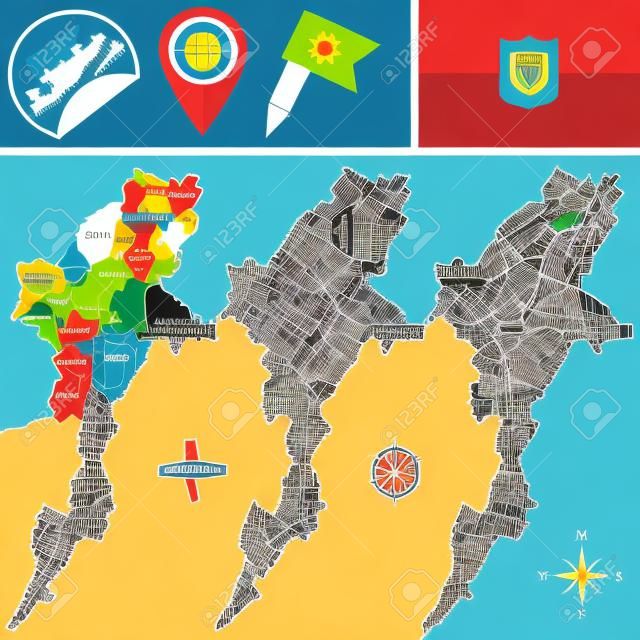 ボゴタの首都圏のベクトルマップと旅行アイコン