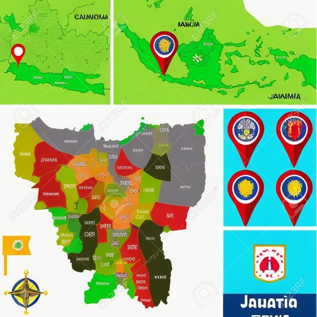 インドネシアの地図上の名前の付いた地区、ピンアイコンと位置を持つジャカルタのベクトルマップ