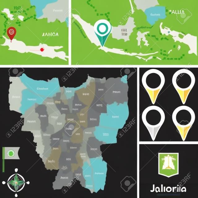 Wektorowa mapa Dżakarty z nazwanymi dzielnicami, ikonami szpilek i lokalizacjami na mapie Indonezji
