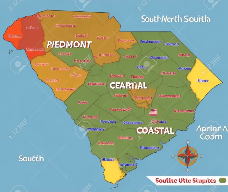 Vektor des Bundesstaates South Carolina der Vereinigten Staaten mit Regionen- und Landkreiskarte