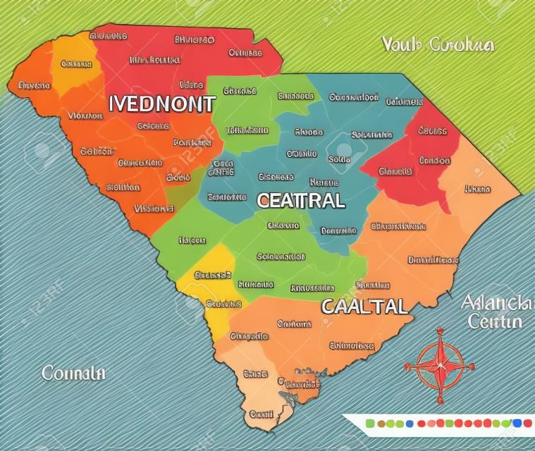 Vektor des Bundesstaates South Carolina der Vereinigten Staaten mit Regionen- und Landkreiskarte
