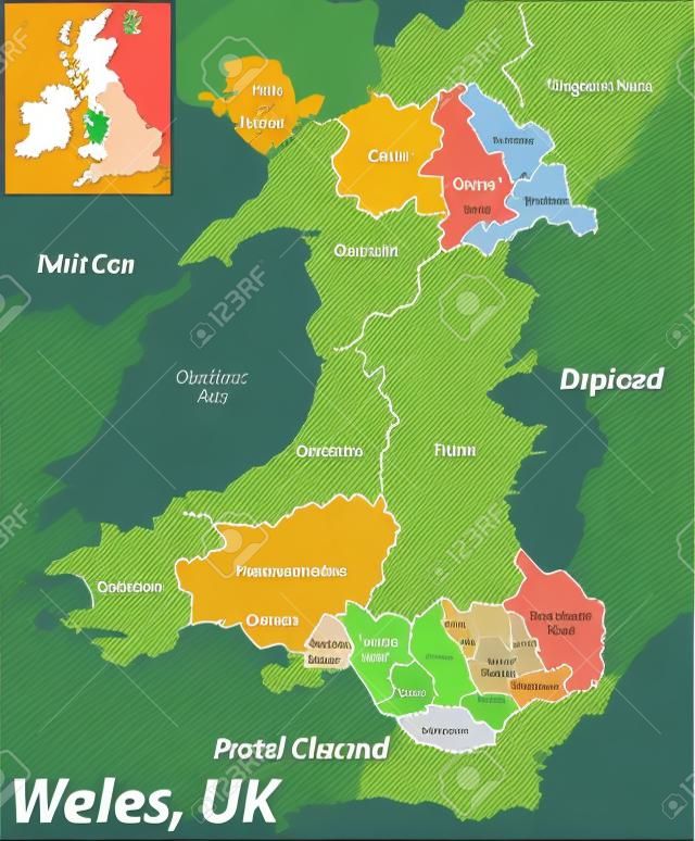 Wektorowa mapa Walii z nazwanymi dzielnicami i lokalizacją na mapie Wielkiej Brytanii