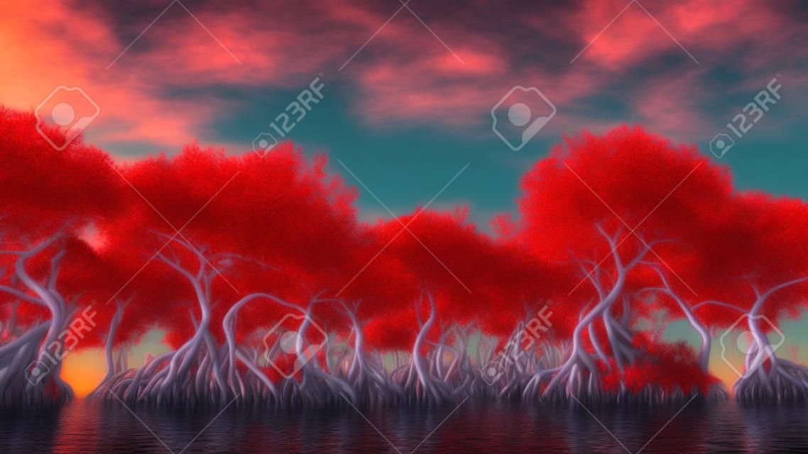 Mangrovie rosse sul rendering 3d della costa della Florida