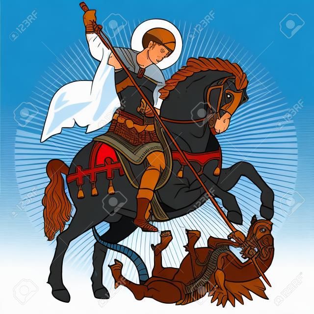 São Jorge em cavalo matando um dragão ilustração vetorial