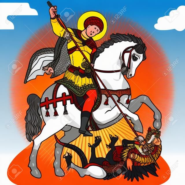 San Jorge a caballo matando a un dragón ilustración vectorial