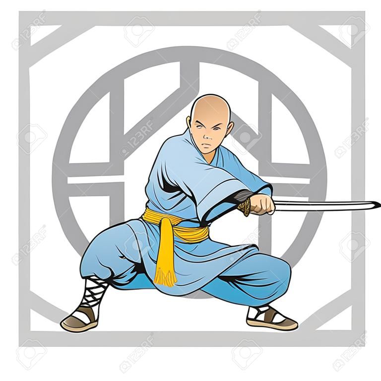 monge shaolin com espada e símbolo de longevidade