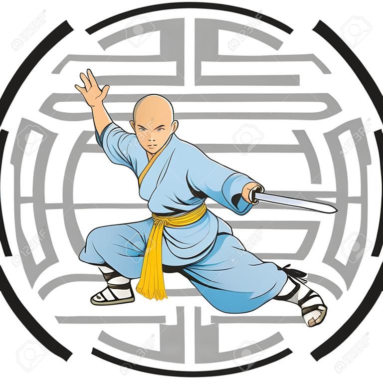 monge shaolin com espada e símbolo de longevidade