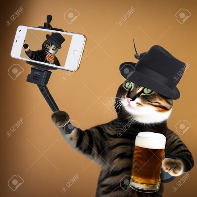 Gato tomando un selfie con un teléfono inteligente. Gato con una jarra de cerveza.
