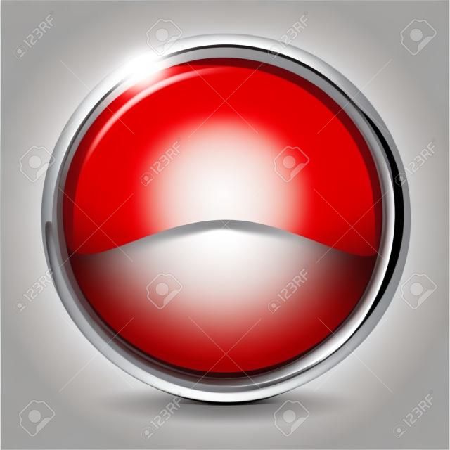 botón rojo de cristal con marco cromado. Ilustración del vector aislado en el fondo blanco.
