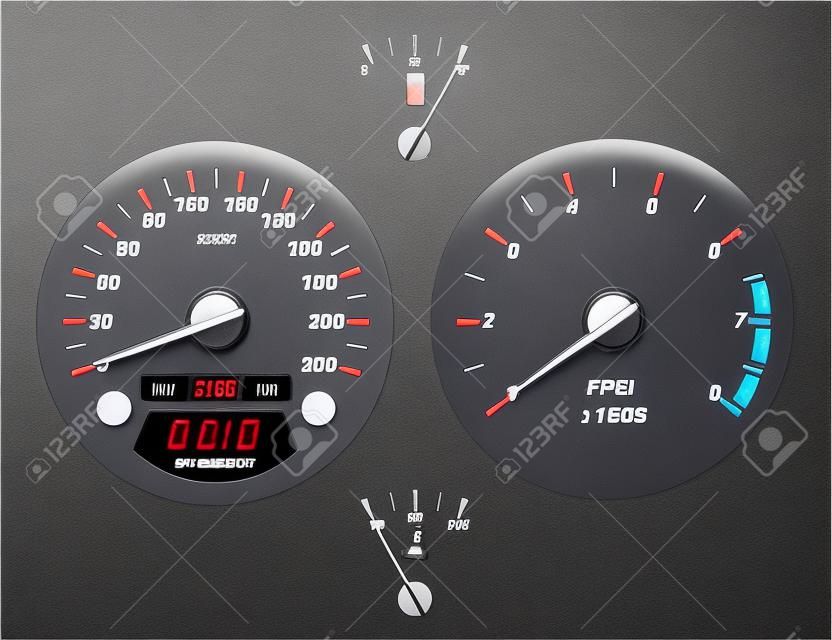 자동차 대시 보드 표지판. 속도계, 회전 속도계, 연료 및 온도 게이지