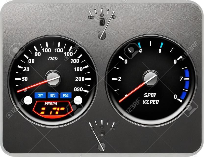 자동차 대시 보드 표지판. 속도계, 회전 속도계, 연료 및 온도 게이지