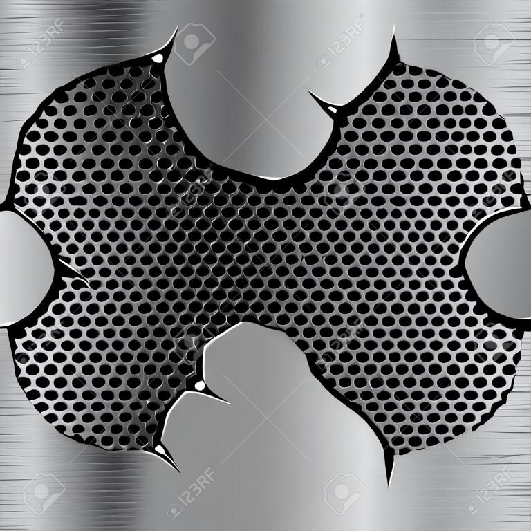 Metal background with torn edges and perforation. Vector 3d illustration