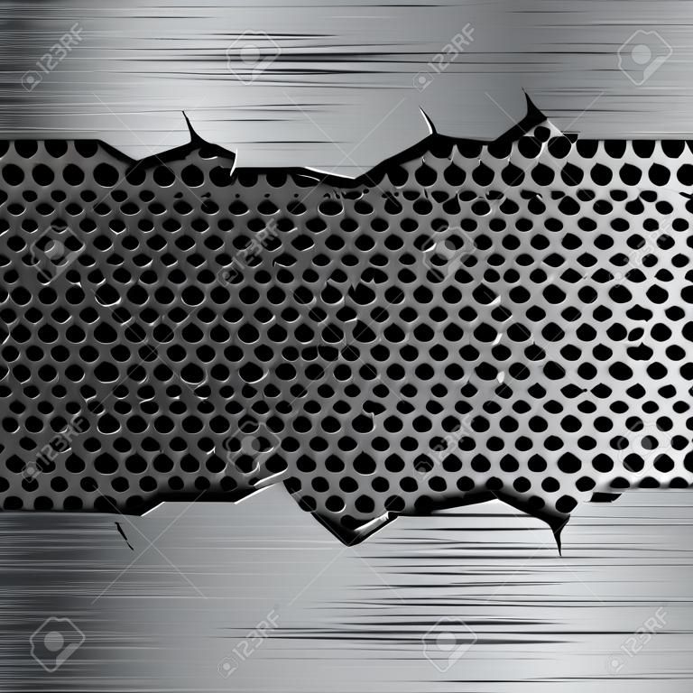 Metal background with torn edges and perforation. Vector 3d illustration