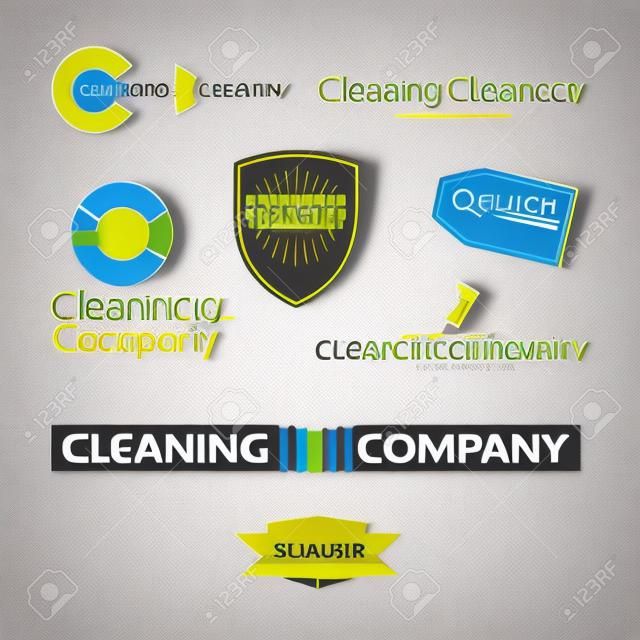 Wektor kolekcji płaskiej logo firmy czyszczenia. Usuwanie insygnia usług. Czyszczenie przemysłowe płaskie ikony.