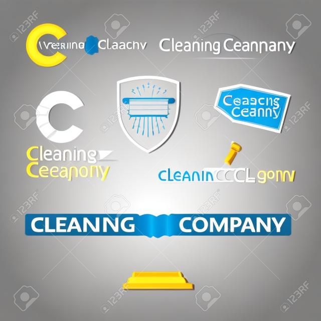 Wektor kolekcji płaskiej logo firmy czyszczenia. Usuwanie insygnia usług. Czyszczenie przemysłowe płaskie ikony.