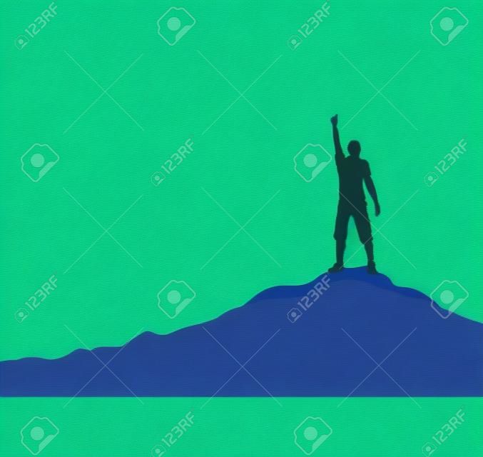 Hombre con mano levantada de pie en la montaña, diseño plano simple