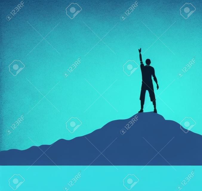 Homem com a mão levantada em pé na montanha, design plano simples