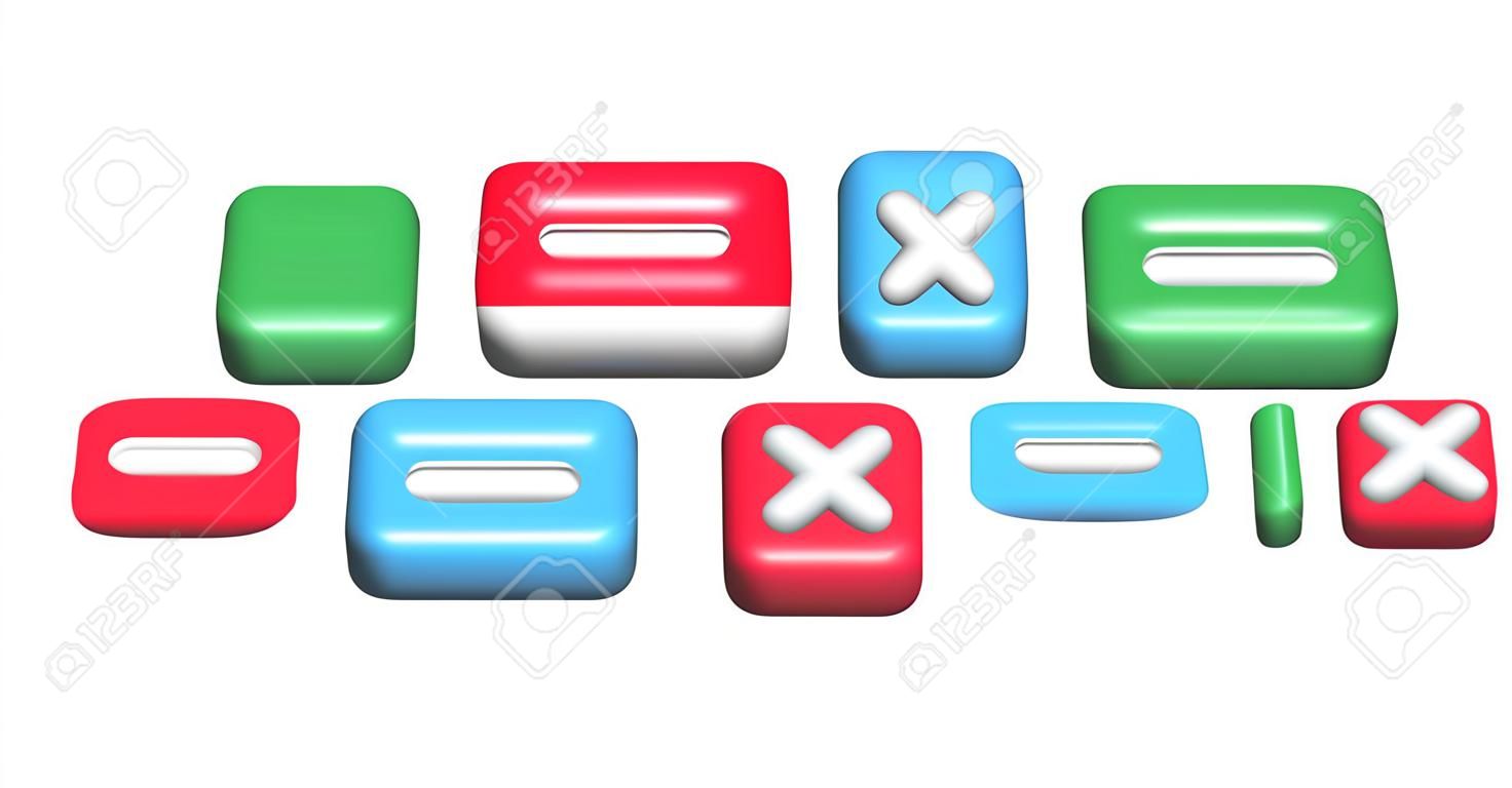 3d buttons with plus, minus, multiplication, division and equal symbols. Volumetric design for websites, applications and creative design