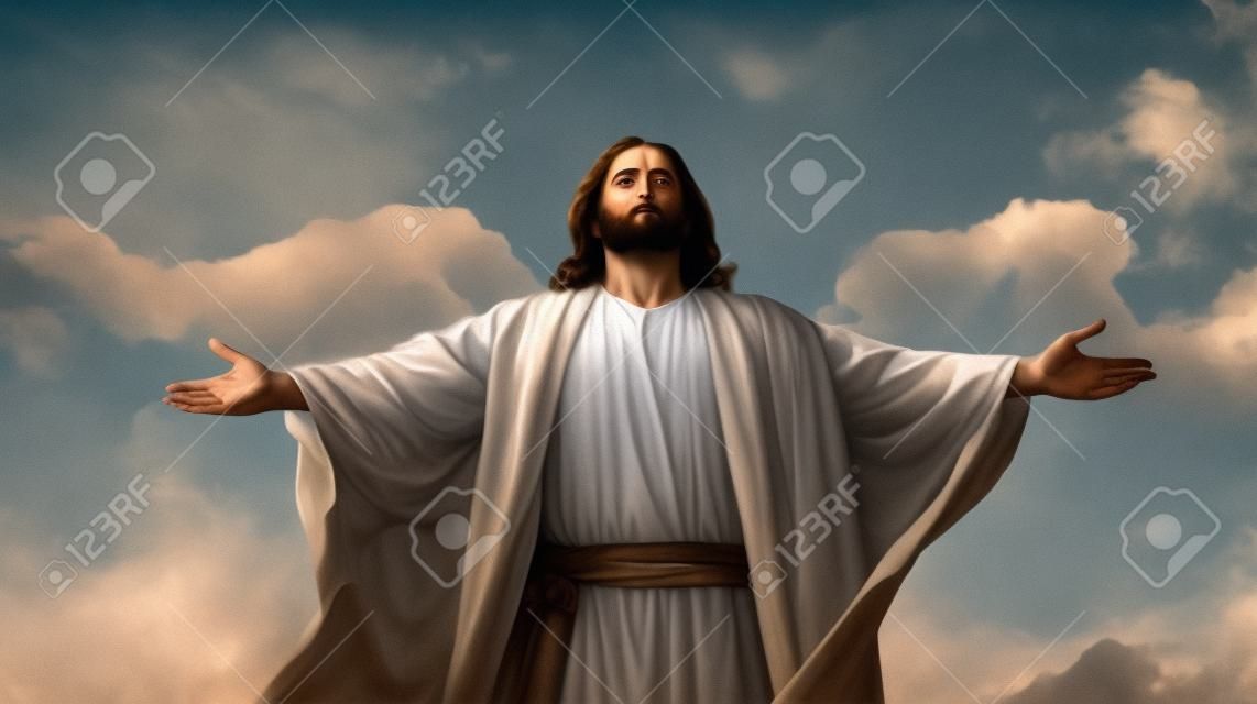 Jesus Christ facing a clouded sky with his arms outstretched. GENERATE AI