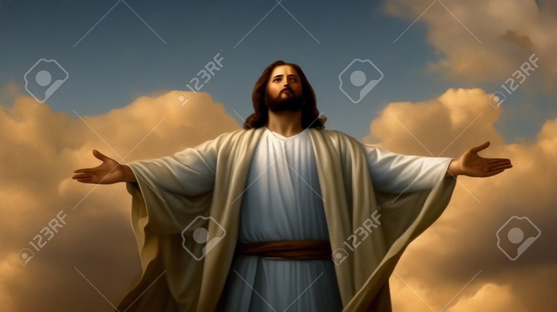 Jesus Cristo encarando um céu nublado com os braços estendidos. gerar ai