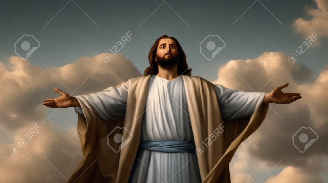 Jesus Christ facing a clouded sky with his arms outstretched. GENERATE AI