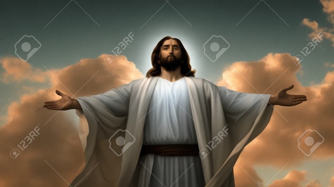 Jesus Cristo encarando um céu nublado com os braços estendidos. gerar ai