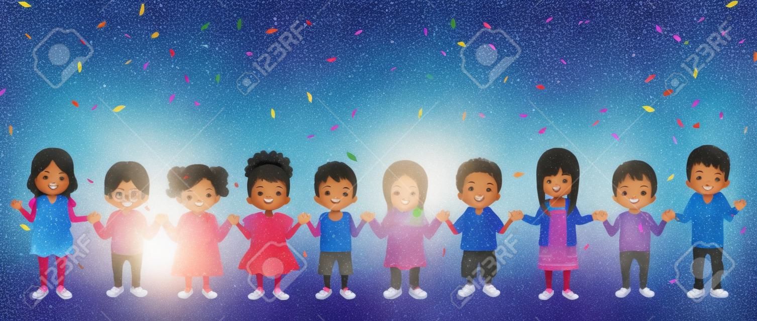 La celebración de manos Multi niños étnicos en confeti de fondo, de pie en una línea