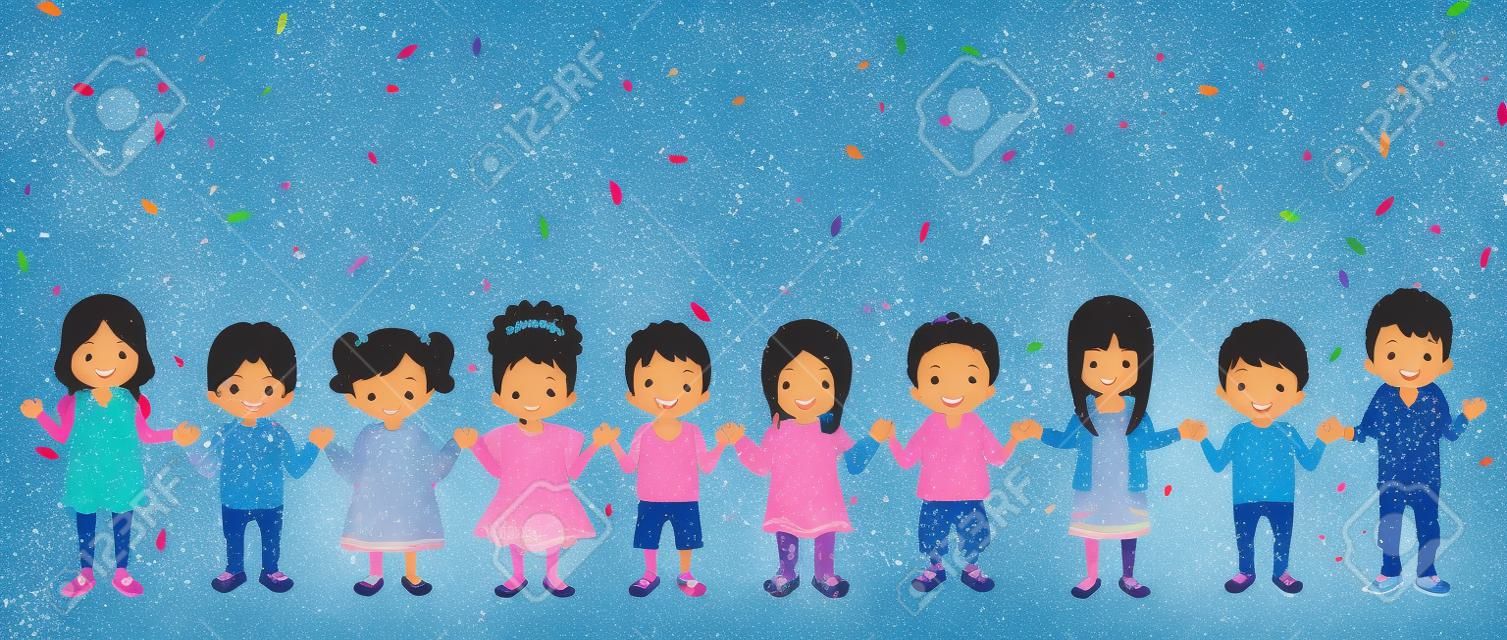 Holding hands Multi Ethnic children in confetti background, stand in a line
