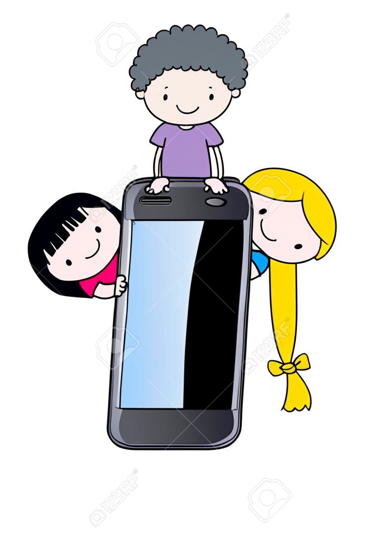 los niños con un teléfono celular .. Vector de divertido, aisladas sobre fondo blanco
