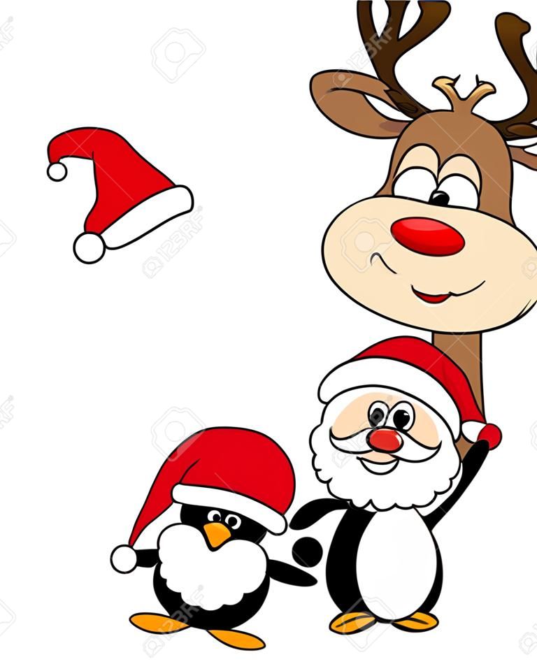 vector xmas illustration of santa claus, reindeer and penguin 