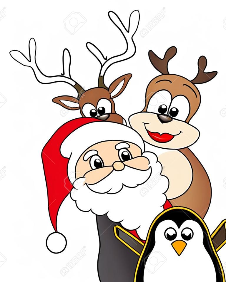 vector xmas illustratie van de kerstman, rendieren en pinguïn