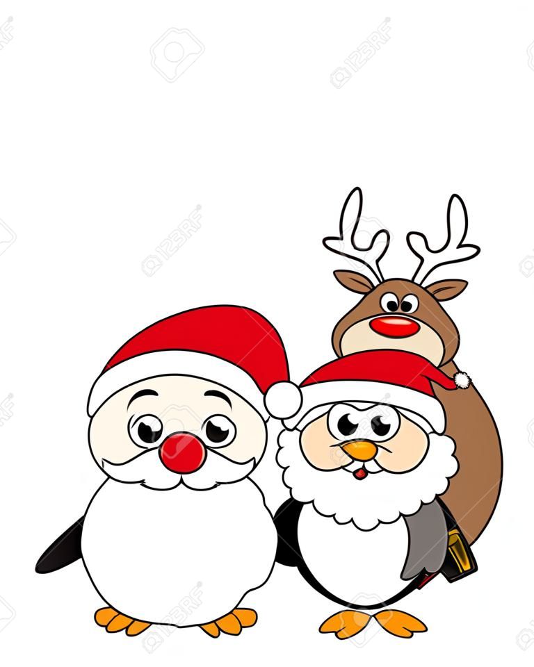 vector xmas illustration of santa claus, reindeer and penguin 