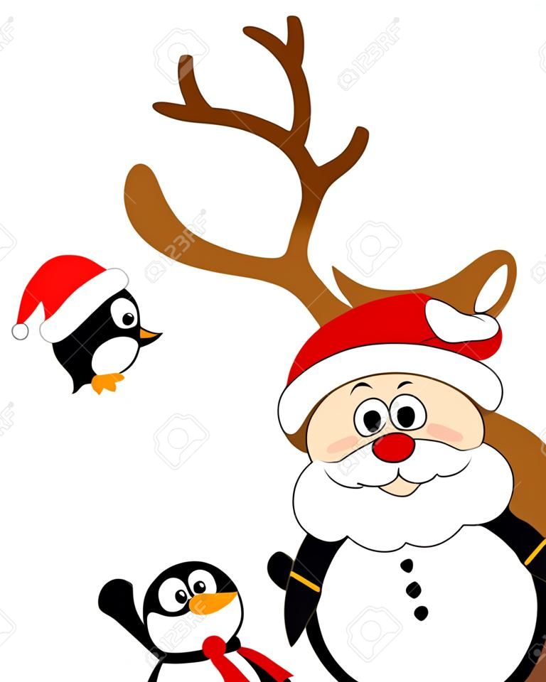 圣诞老人克劳斯驯鹿和企鹅矢量插画