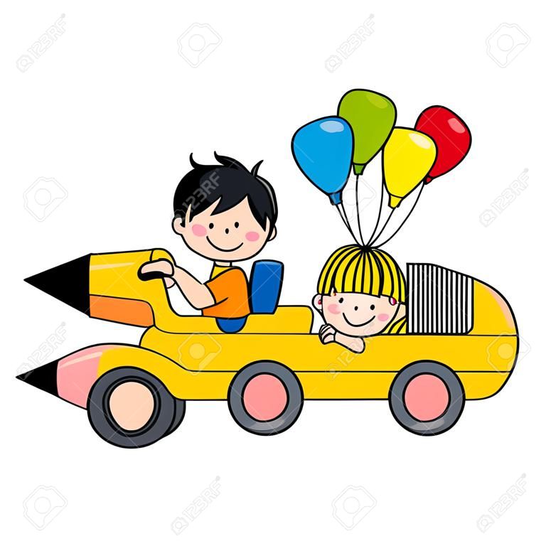 kids riding a pencil car