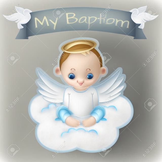 Anjo asas em uma nuvem. menino batismo