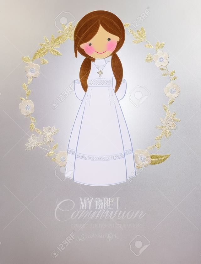 minha primeira menina comunhão. linda menina com vestido de comunhão e moldura de flor