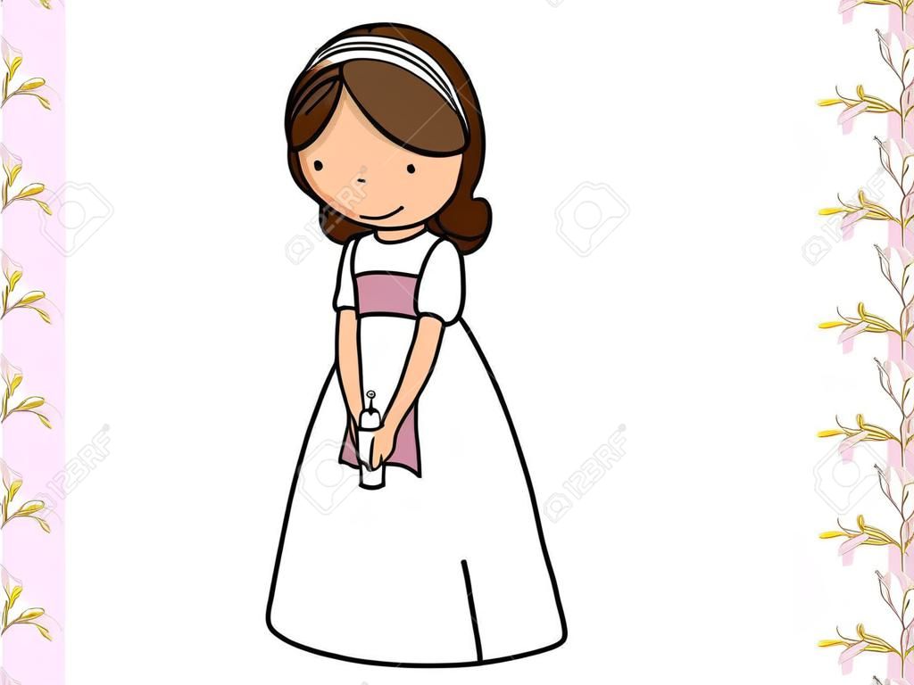 my first communion girl. Little girl in a communion dress, a candle and flower background.