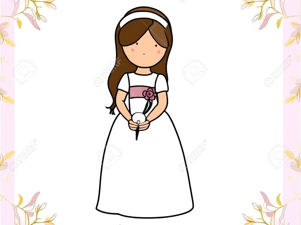 my first communion girl. Little girl in a communion dress, a candle and flower background.