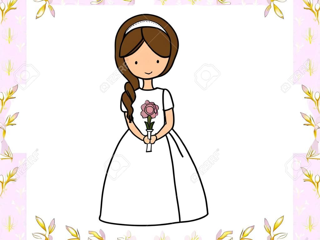 나의 첫 영성체 소녀. 성찬식 드레스, 촛불과 꽃 배경에 어린 소녀.