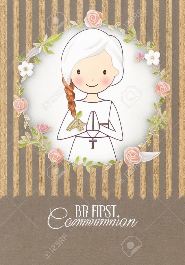 my first communion girl. Pretty girl inside a flower frame