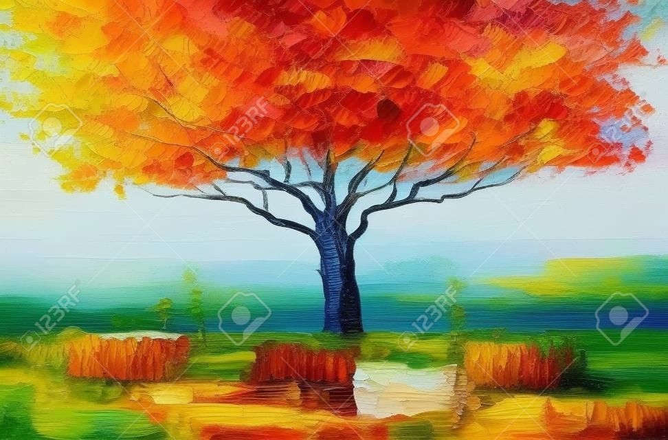 Obraz olejny pejzaż, kolorowe drzewo. ręcznie malowany impresjonista, krajobraz zewnętrzny.