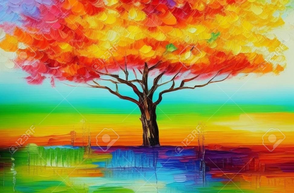 Obraz olejny pejzaż, kolorowe drzewo. ręcznie malowany impresjonista, krajobraz zewnętrzny.