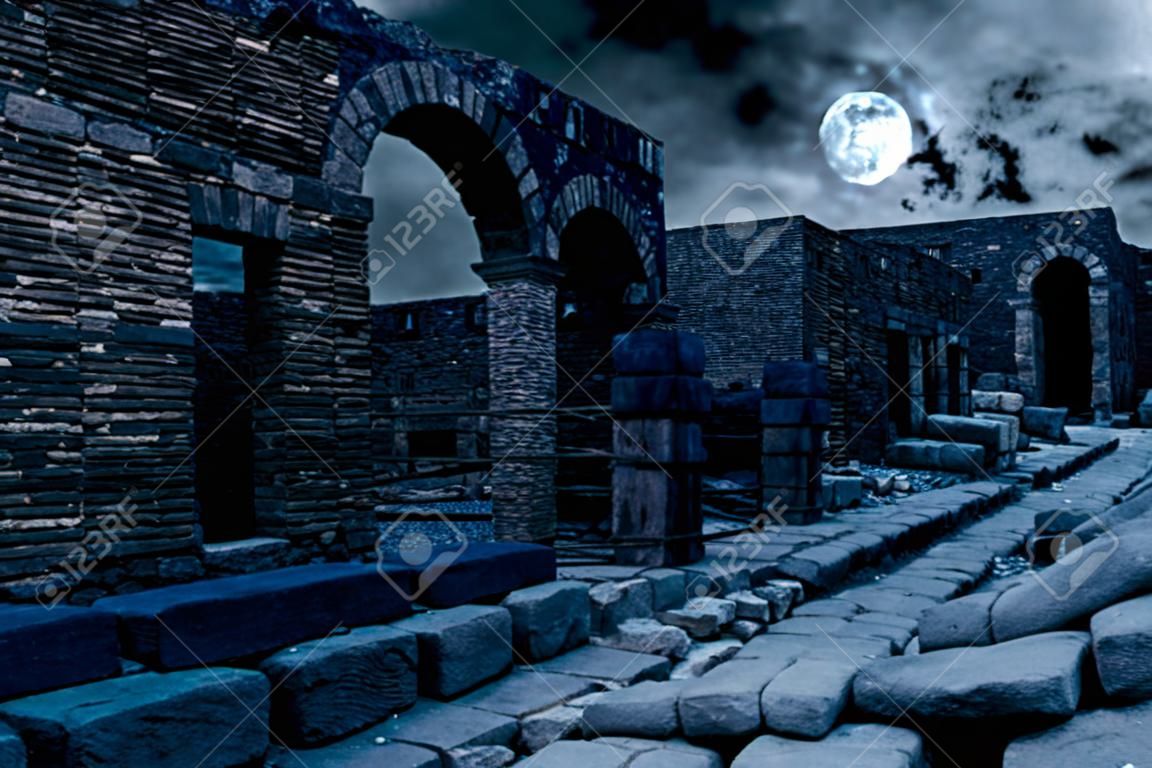 Pompeii at night, Italy. Mystic apocalyptic view of destroyed houses of ancient city in full moon. Spooky dark scene for Halloween theme. Concept of history, mystery, ruins and creepy deserted place.