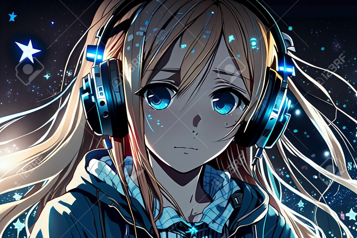 Chica Anime Escucha Música En Auriculares, Retrato De Adolescente,  Ilustración, Ai Generativo. Chica Adolescente Con El