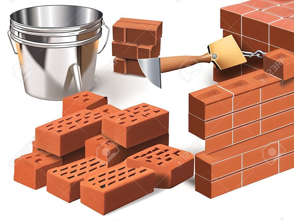 Concepto de construcción de la industria: el fragmento de muro de ladrillo rojo, el montón de ladrillos, una paleta y un cubo de metal sobre fondo blanco