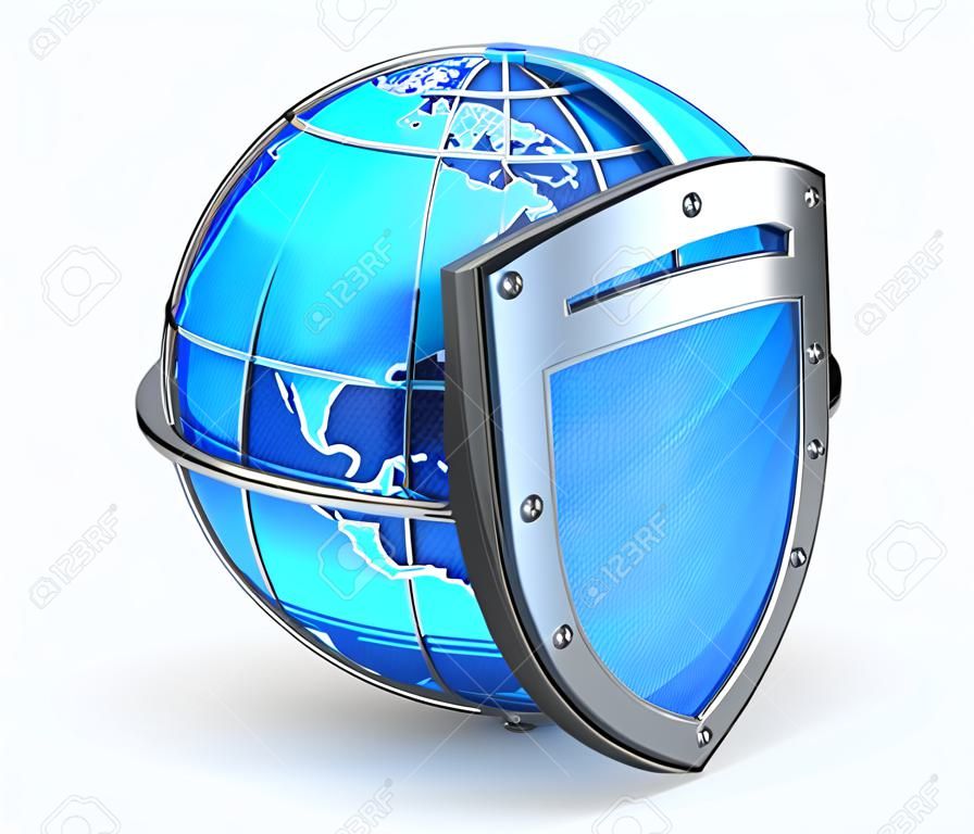 Глобальные и Интернет концепцию безопасности: синий глянцевый шар Земли покрыта металлом защиты щита на белом фоне