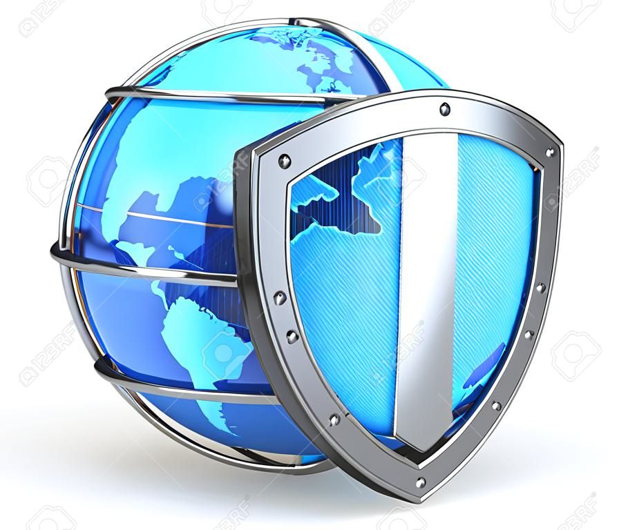 Global and internet security concept: blue glossy Earth globe covered by metal protection shield isolated on white background